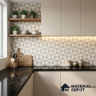 Scandinavian kitchen with geometric beige backsplash tile, matte beige laminate cabinets, and black marble countertop