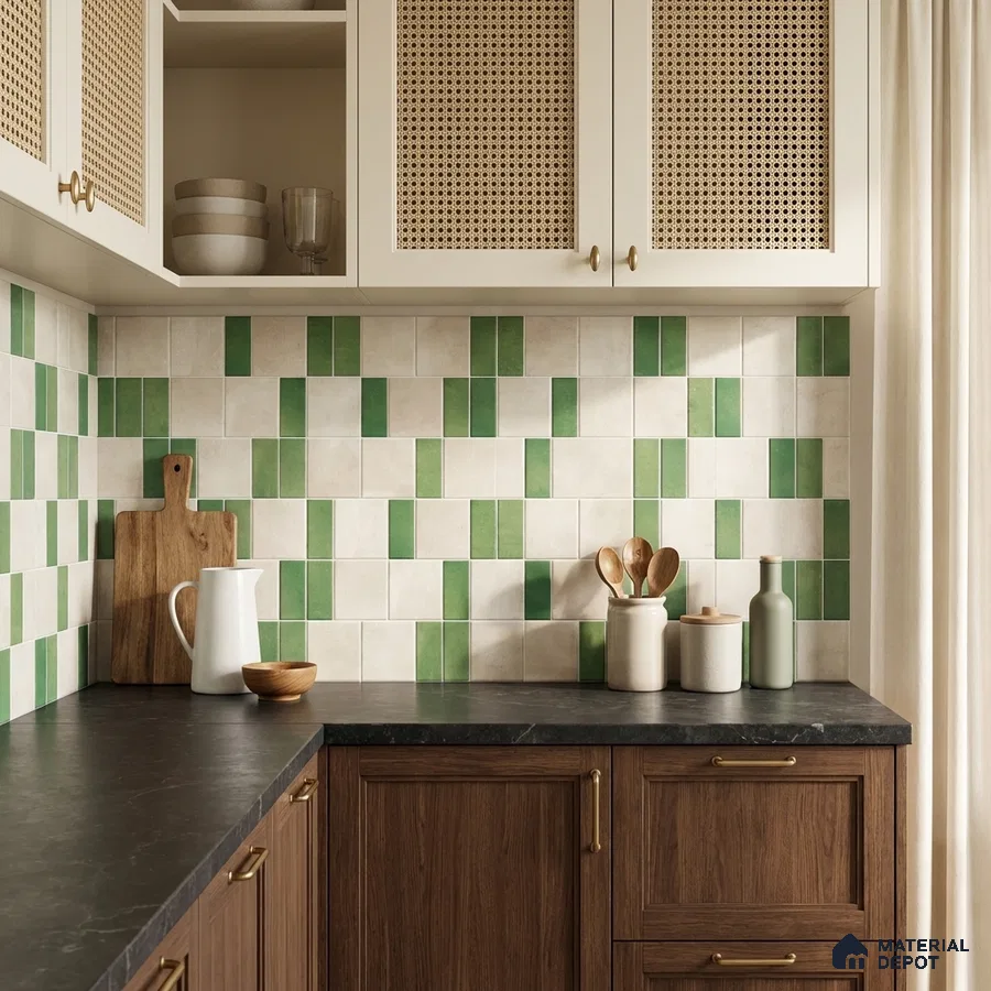 Scandinavian kitchen with green and cream geometric backsplash tile and walnut wood laminate cabinets