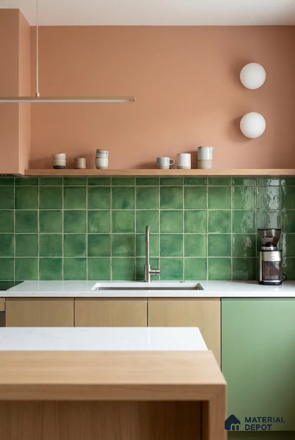 Scandinavian kitchen with green square backsplash tiles, pastel green laminate, and white quartz countertop