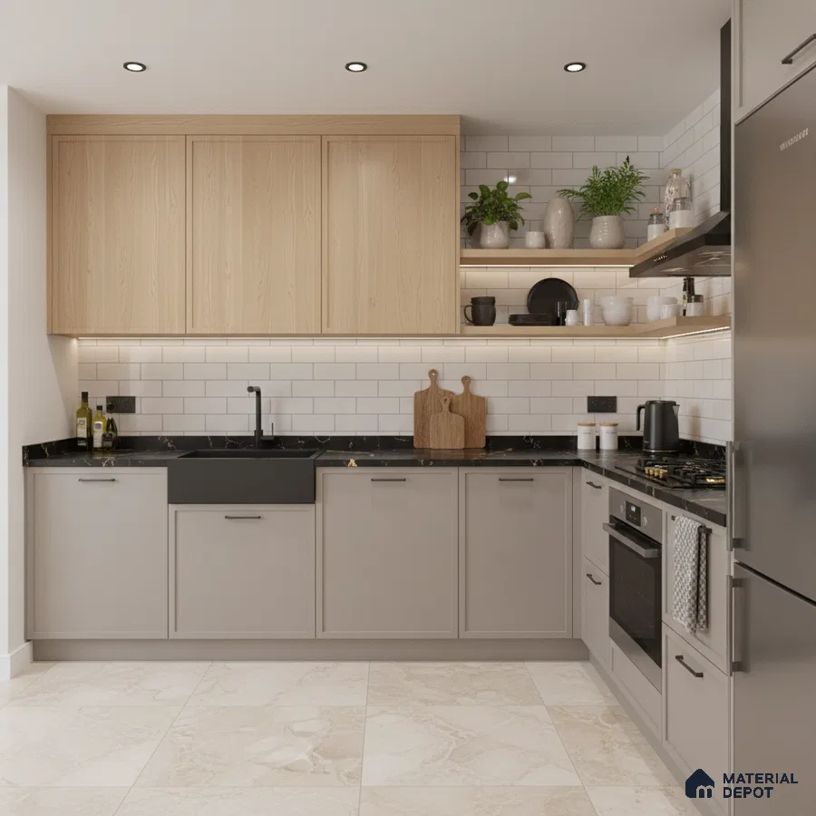 Scandinavian kitchen with light oak laminate, beige base cabinets, black marble countertop, and white subway tile backsplash in Bengaluru