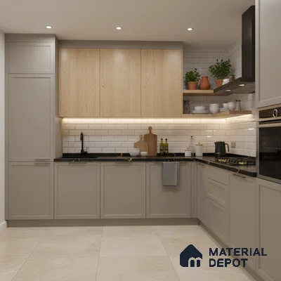 Scandinavian kitchen with light oak laminate, beige cabinets, and white subway tile backsplash in Bengaluru