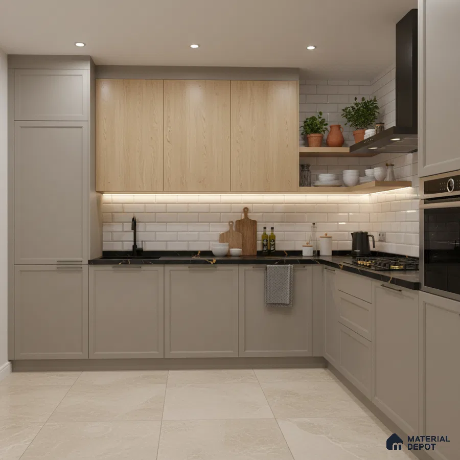 Scandinavian kitchen with light oak laminate, beige cabinets, and white subway tile backsplash in Bengaluru