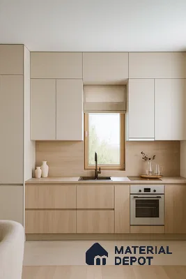Scandinavian kitchen with light oak laminate, beige solid color laminate, and minimalist matte finishes in Bengaluru | Material Depot