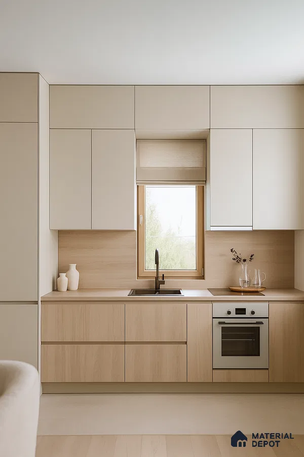 Scandinavian kitchen with light oak laminate, beige solid color laminate, and minimalist matte finishes in Bengaluru | Material Depot