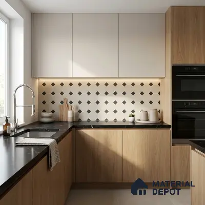 Scandinavian kitchen with light oak laminate, black marble countertop, and geometric backsplash tile