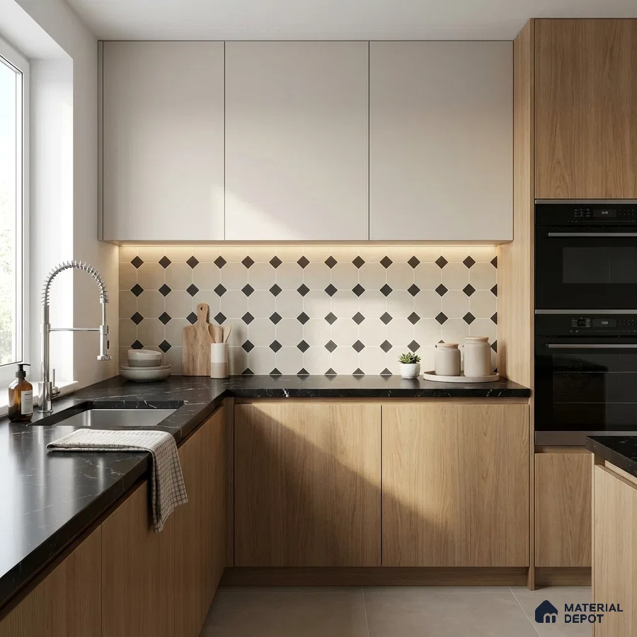 Scandinavian kitchen with light oak laminate, black marble countertop, and geometric backsplash tile