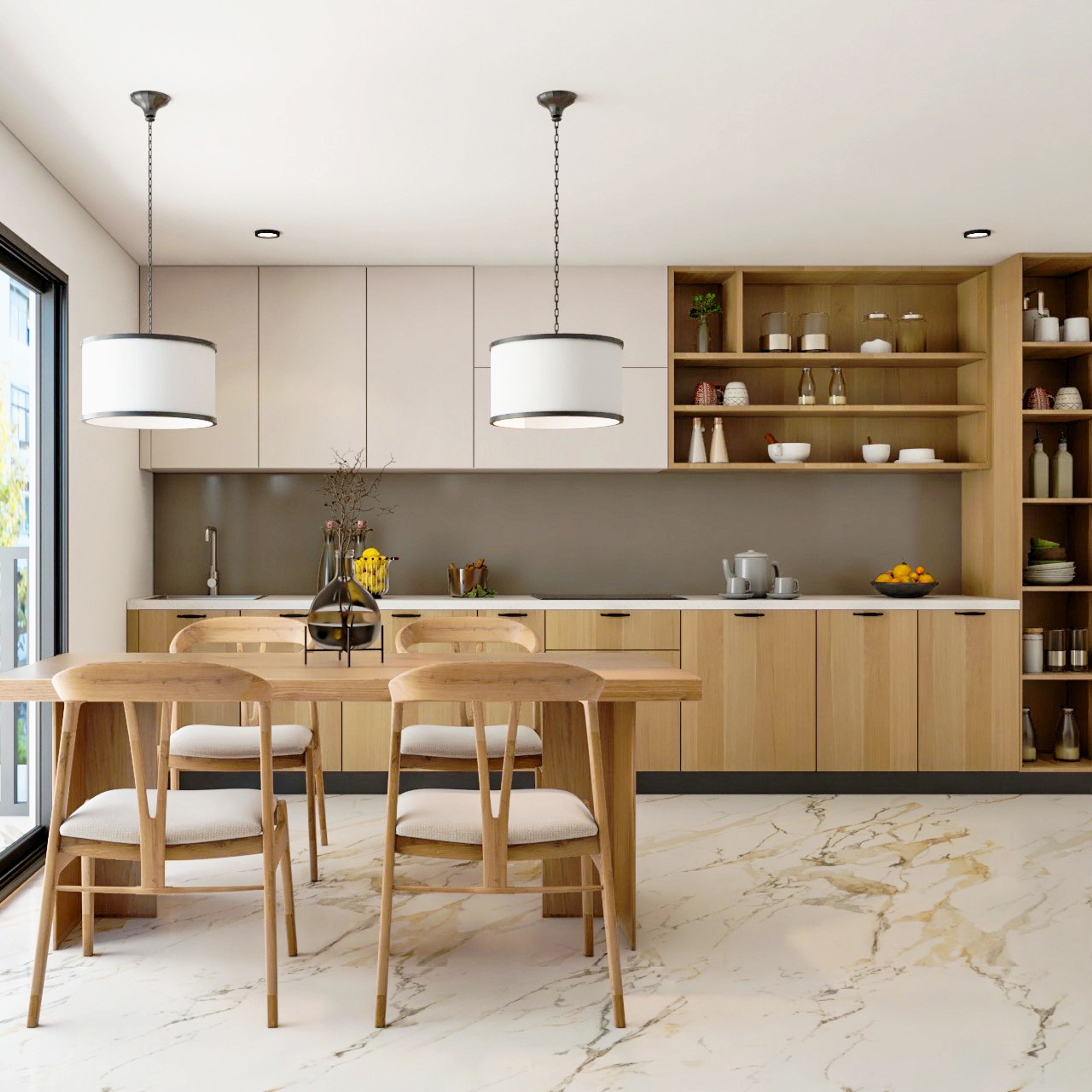 Scandinavian kitchen with light oak laminate cabinets and marble-look floor tiles in Bengaluru | Material Depot