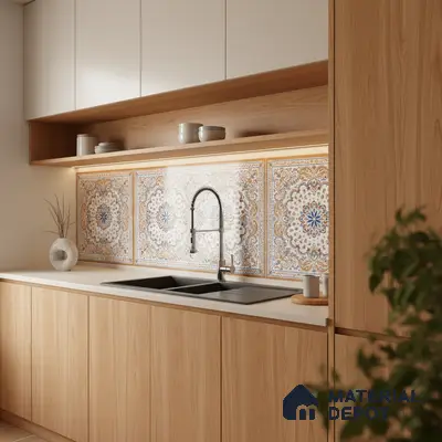 Scandinavian kitchen with light oak laminate cabinets and patterned moroccan backsplash tiles in Bengaluru