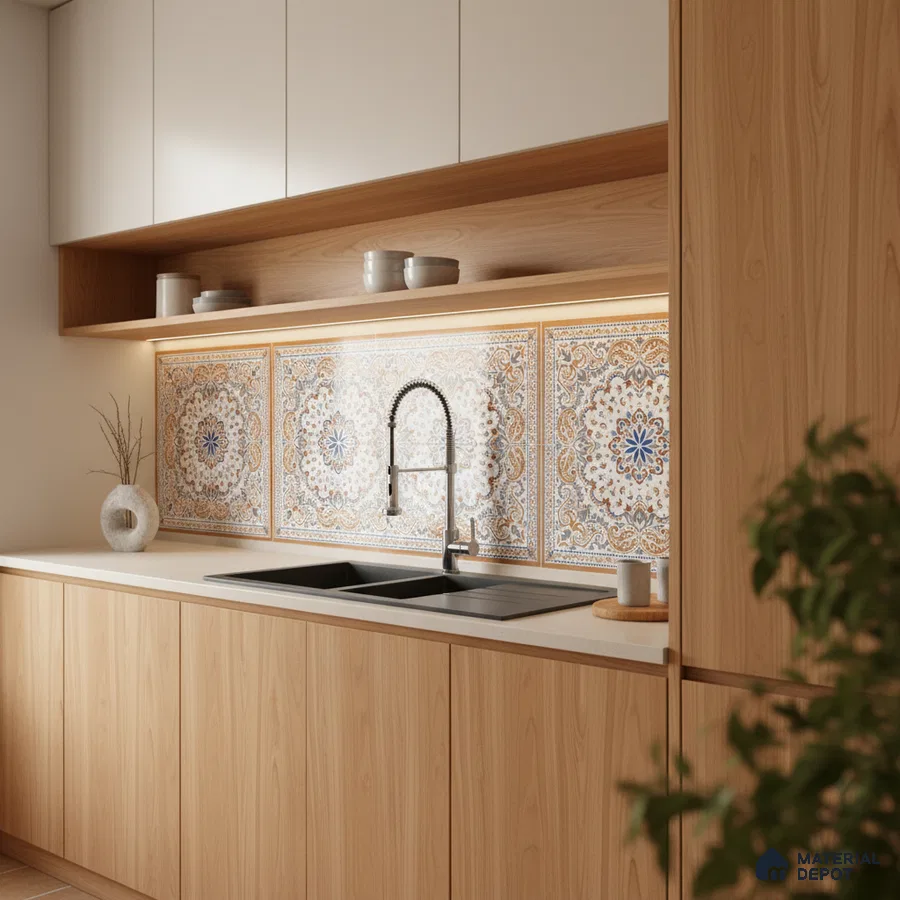 Scandinavian kitchen with light oak laminate cabinets and patterned moroccan backsplash tiles in Bengaluru