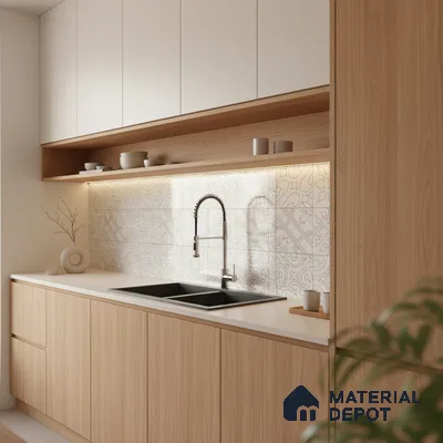 Scandinavian kitchen with light oak laminate cabinets, frosty white laminate shutters, and patterned white backsplash tiles in Bengaluru