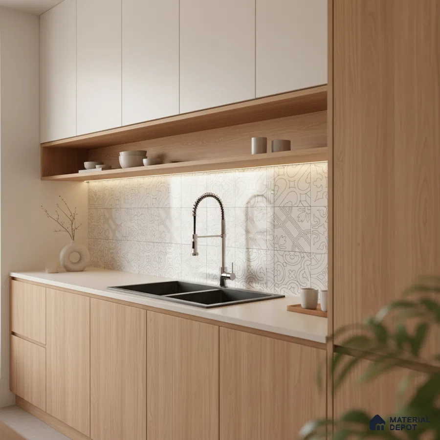 Scandinavian kitchen with light oak laminate cabinets, frosty white laminate shutters, and patterned white backsplash tiles in Bengaluru