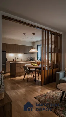 Scandinavian kitchen with light oak laminate cabinets, subway tile backsplash, and wooden louver partition in Bengaluru | Material Depot