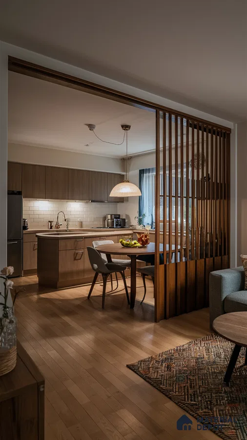 Scandinavian kitchen with light oak laminate cabinets, subway tile backsplash, and wooden louver partition in Bengaluru | Material Depot