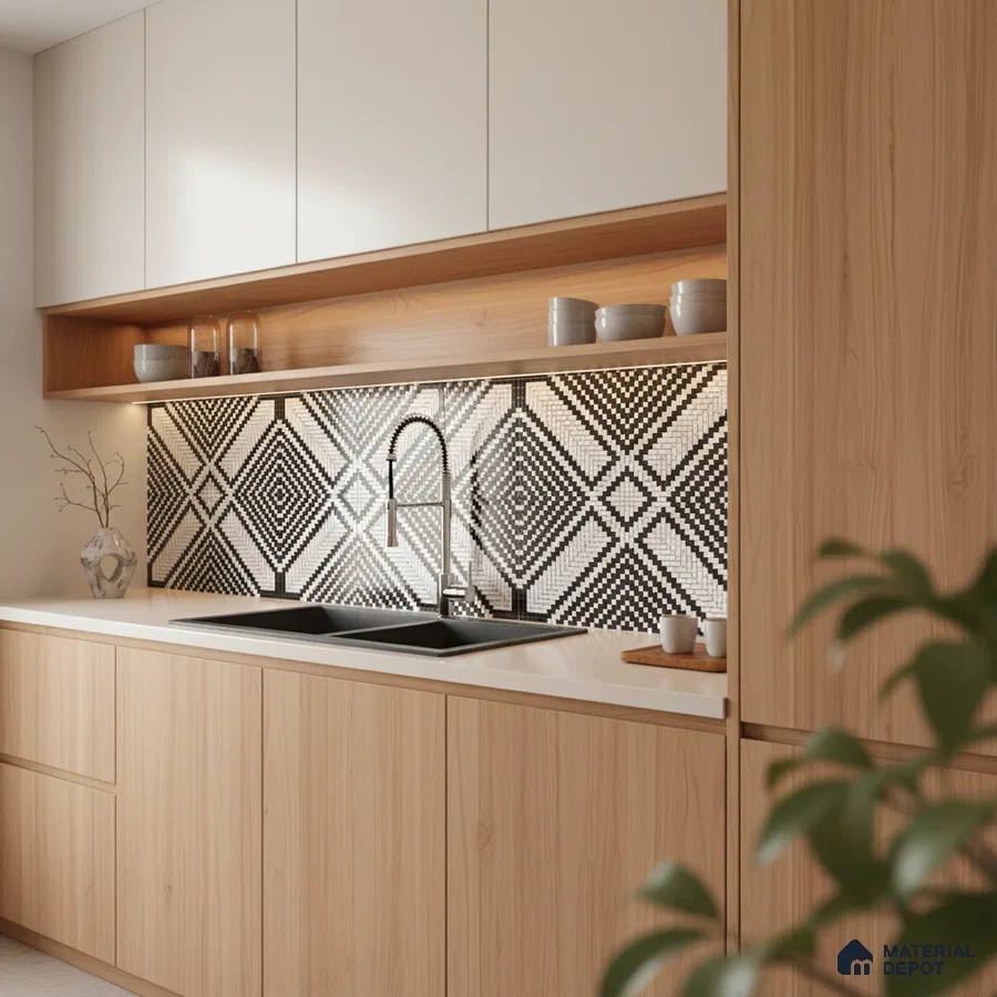 Scandinavian kitchen with light oak laminate cabinets, white solid surface countertop, and black-and-white geometric backsplash tiles in Bengaluru