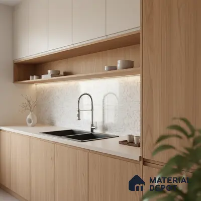 Scandinavian kitchen with light oak laminate, frosty white laminate, and mosaic backsplash tile in Bengaluru
