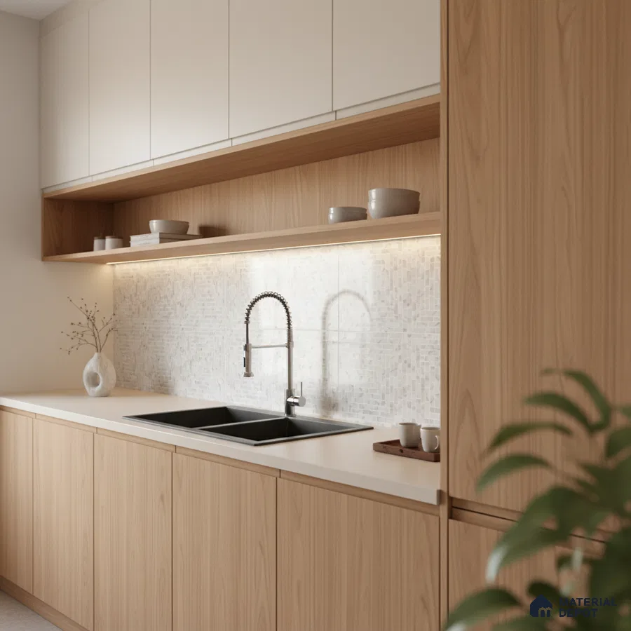 Scandinavian kitchen with light oak laminate, frosty white laminate, and mosaic backsplash tile in Bengaluru
