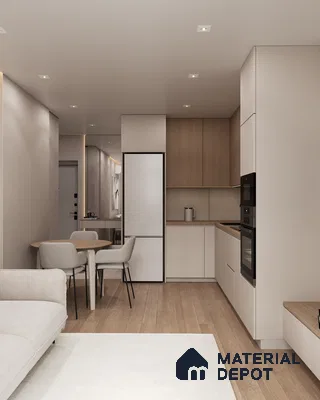 Scandinavian kitchen with light oak laminate, frosty white laminate cabinets, and wooden flooring in Bengaluru | Material Depot
