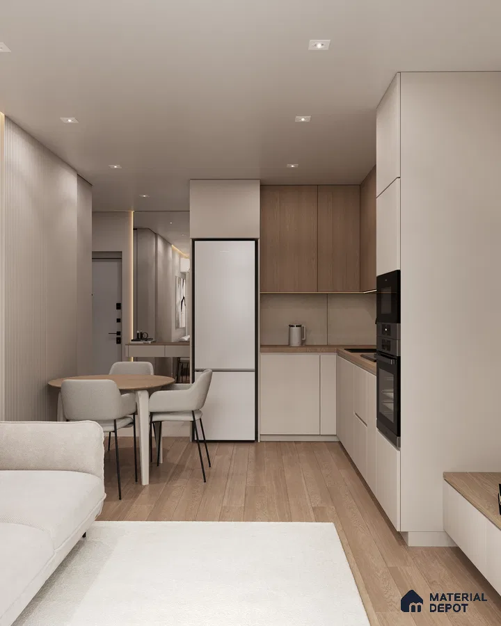 Scandinavian kitchen with light oak laminate, frosty white laminate cabinets, and wooden flooring in Bengaluru | Material Depot