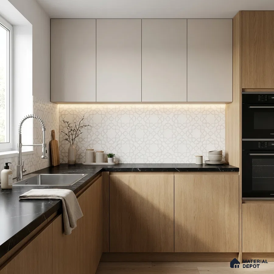 Scandinavian kitchen with light oak laminate, matte beige laminate, black marble countertop, and geometric patterned backsplash tile