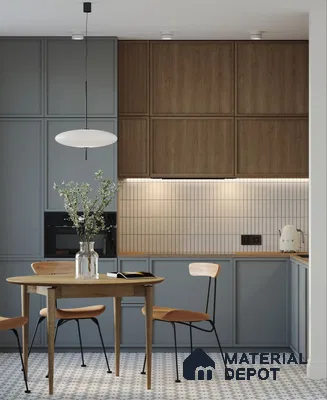 Scandinavian kitchen with light oak laminate, pastel blue laminate, and geometric patterned floor tile in Bengaluru | Material Depot