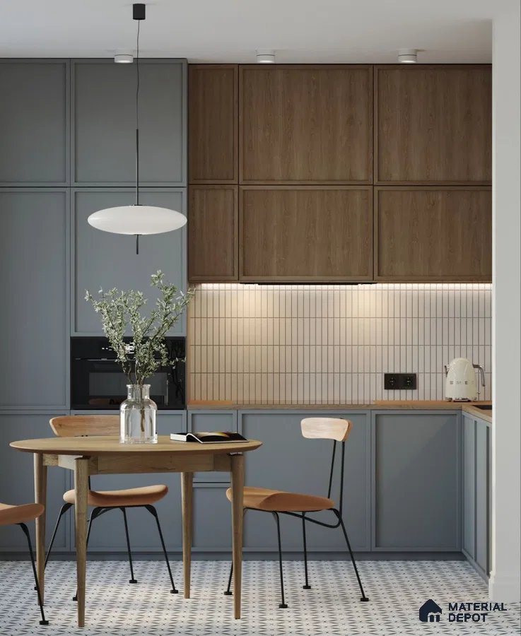 Scandinavian kitchen with light oak laminate, pastel blue laminate, and geometric patterned floor tile in Bengaluru | Material Depot