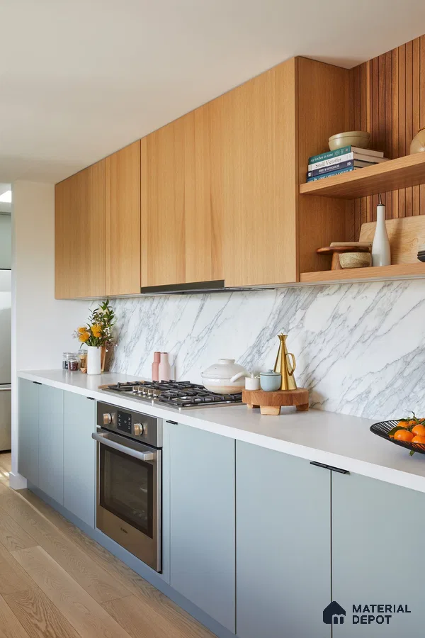 Scandinavian kitchen with light oak laminate, pastel blue laminate, and white marble backsplash in Bengaluru | Material Depot
