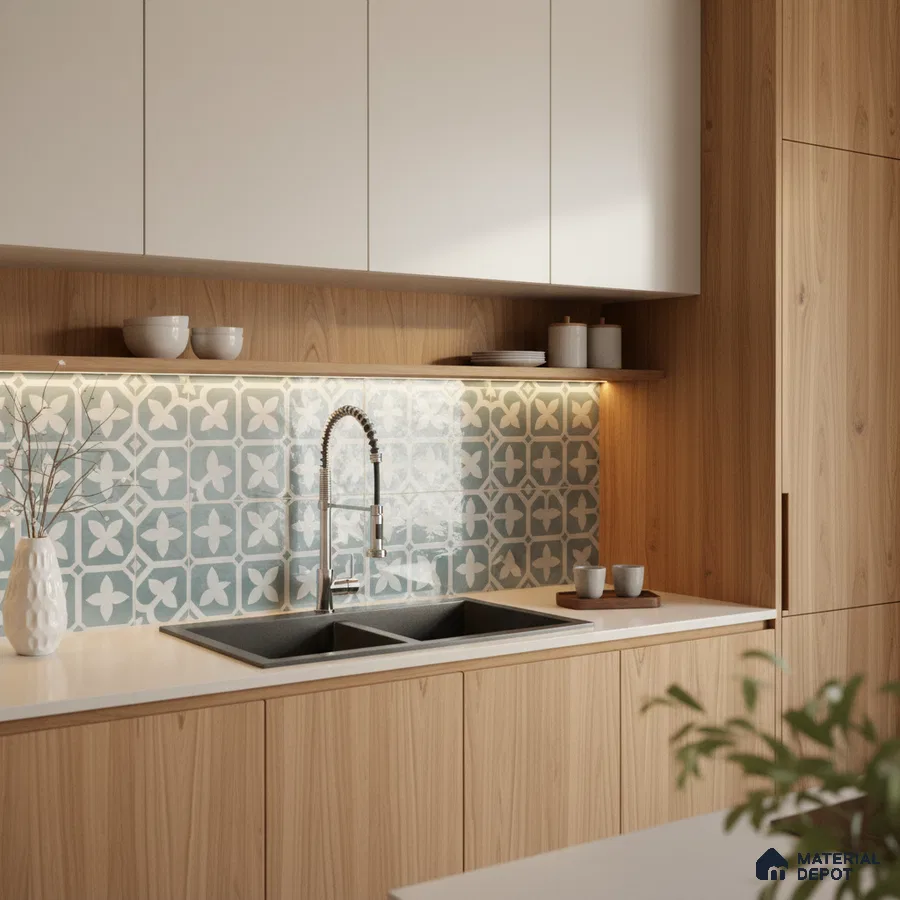Scandinavian kitchen with light oak laminate, white cabinets, and blue patterned backsplash tiles in Bengaluru