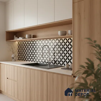 Scandinavian kitchen with light oak laminate, white solid laminate, and black-and-white geometric backsplash tile in Bengaluru