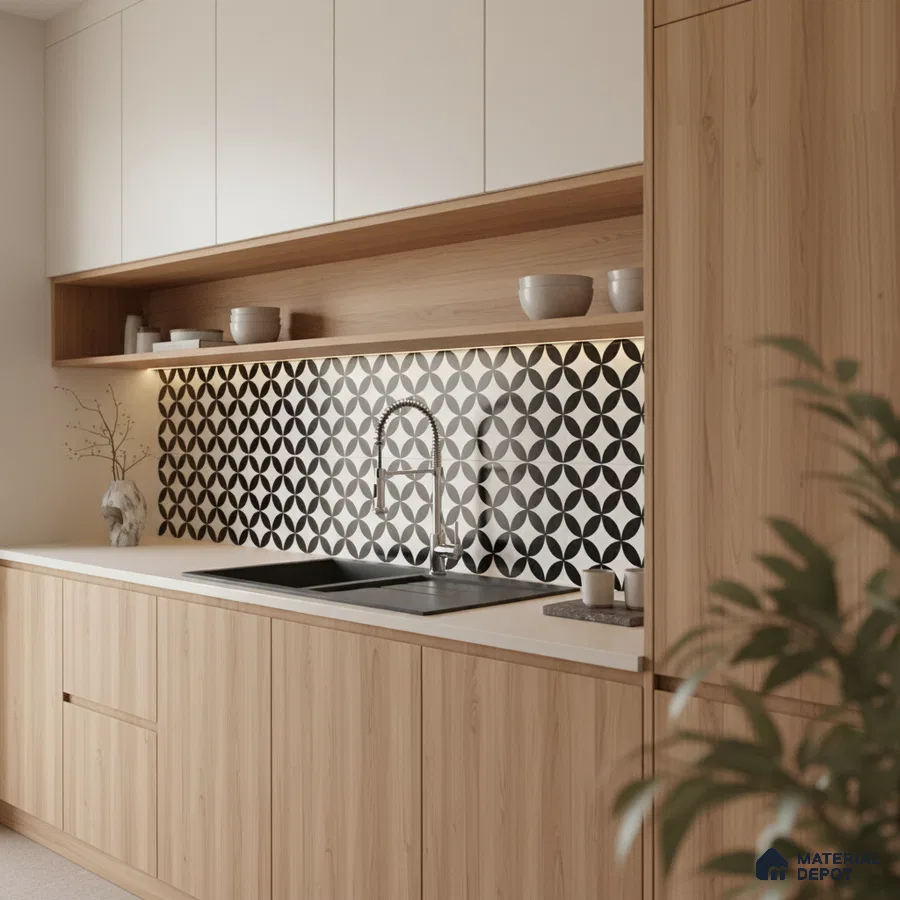 Scandinavian kitchen with light oak laminate, white solid laminate, and black-and-white geometric backsplash tile in Bengaluru