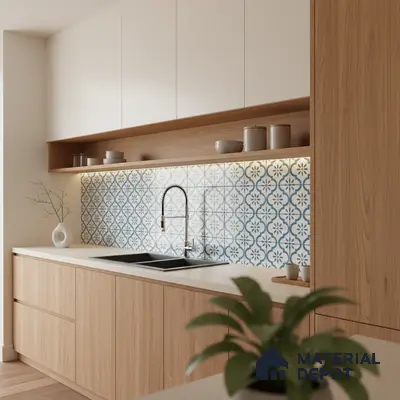 Scandinavian kitchen with light oak laminate, white solid laminate, and blue patterned backsplash tiles in Bengaluru