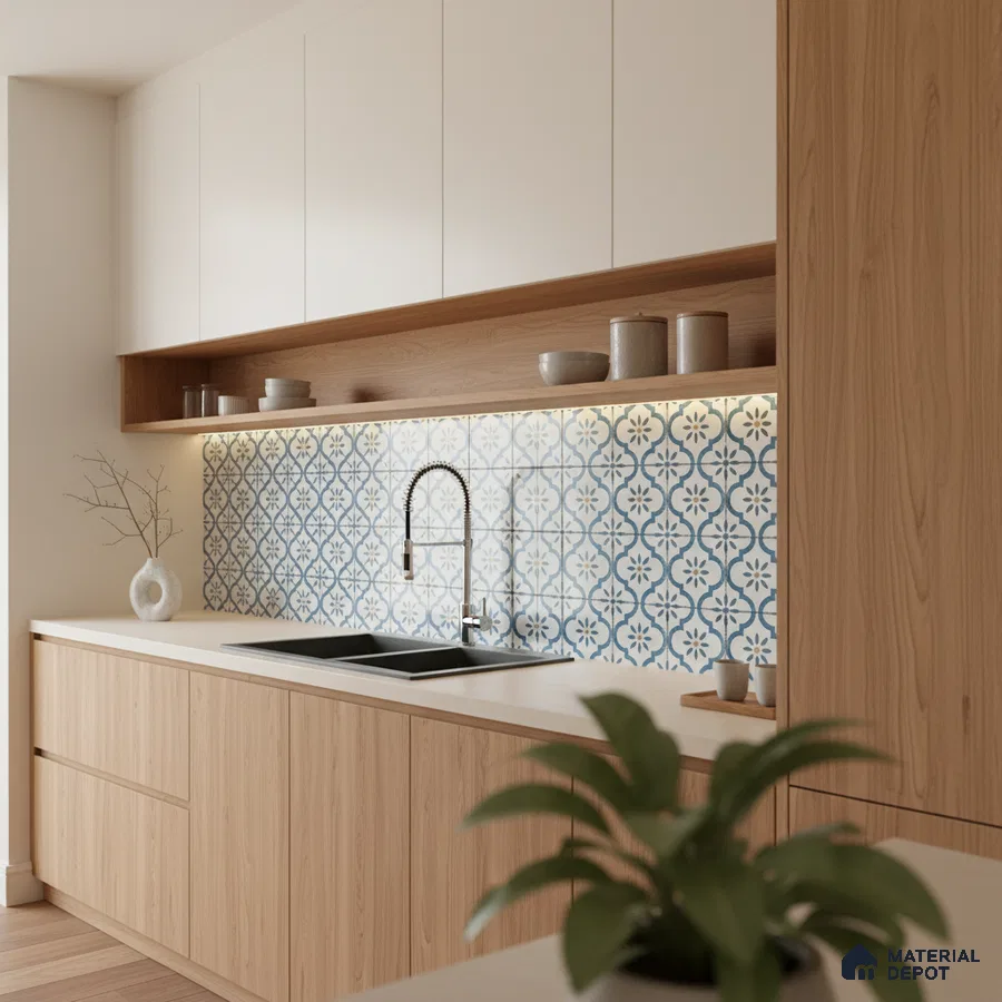 Scandinavian kitchen with light oak laminate, white solid laminate, and blue patterned backsplash tiles in Bengaluru