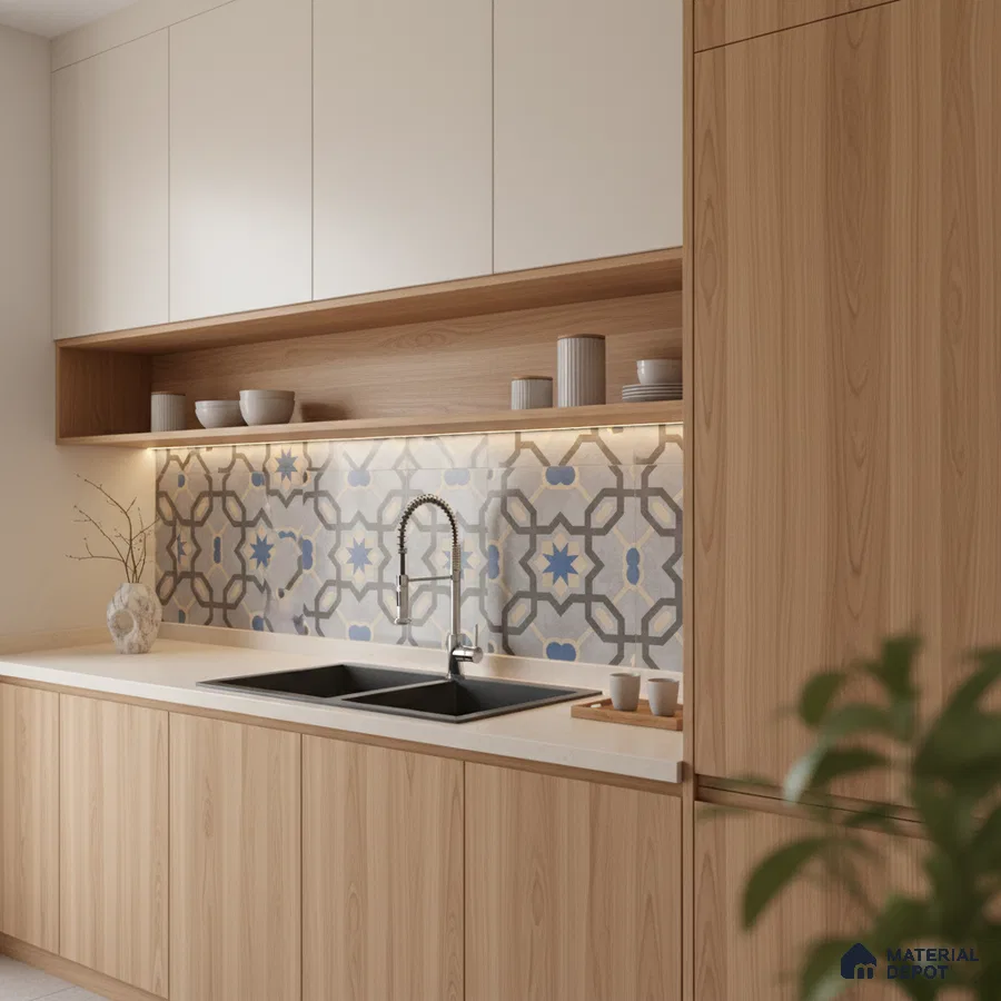 Scandinavian kitchen with light oak laminate, white solid laminate, and blue-grey patterned moroccan backsplash tile in Bengaluru