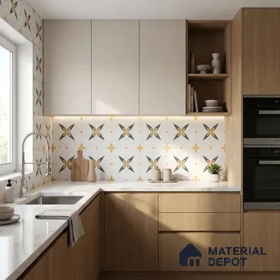 Scandinavian kitchen with light oak laminate, white solid laminate, and patterned geometric backsplash tiles