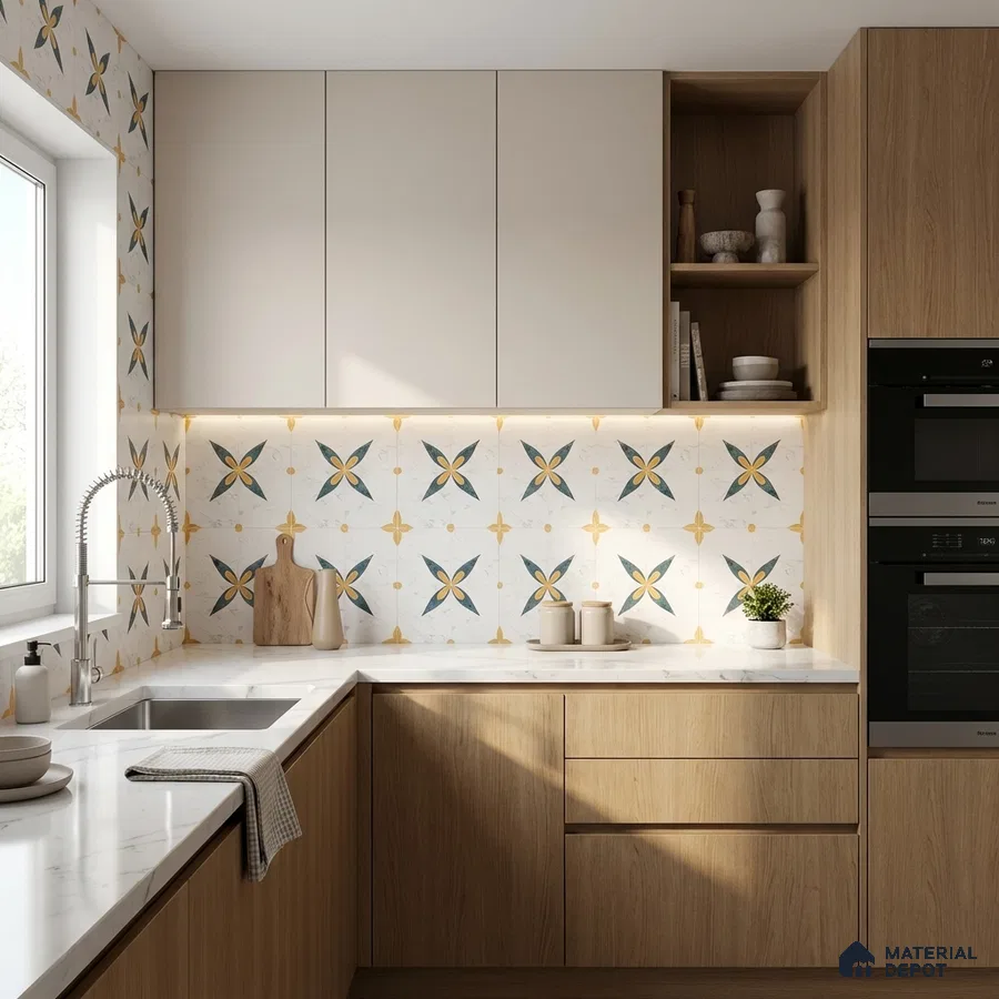 Scandinavian kitchen with light oak laminate, white solid laminate, and patterned geometric backsplash tiles