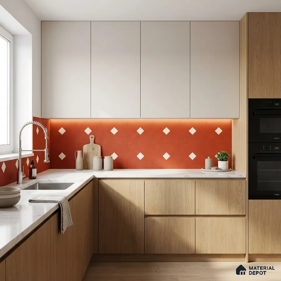Scandinavian kitchen with light oak laminate, white solid laminate, and terracotta geometric backsplash tile