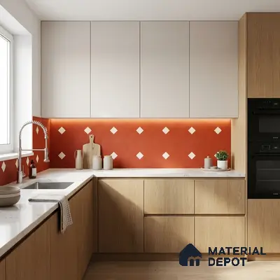 Scandinavian kitchen with light oak laminate, white solid laminate, and terracotta geometric backsplash tile