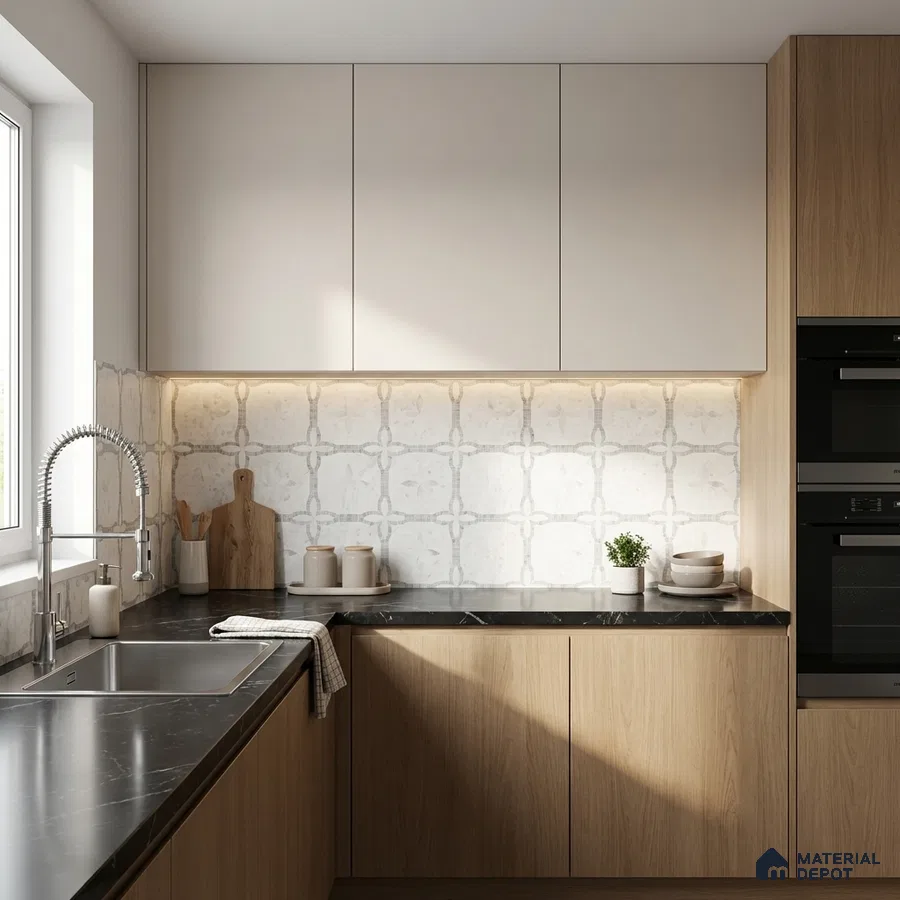 Scandinavian kitchen with light oak laminate, white solid laminate, black marble countertop, and patterned backsplash tile