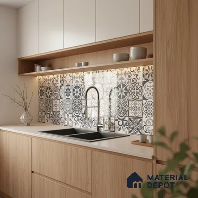 Scandinavian kitchen with light oak laminate, white solid surface countertop, and black-and-white patterned moroccan backsplash tiles in Bengaluru