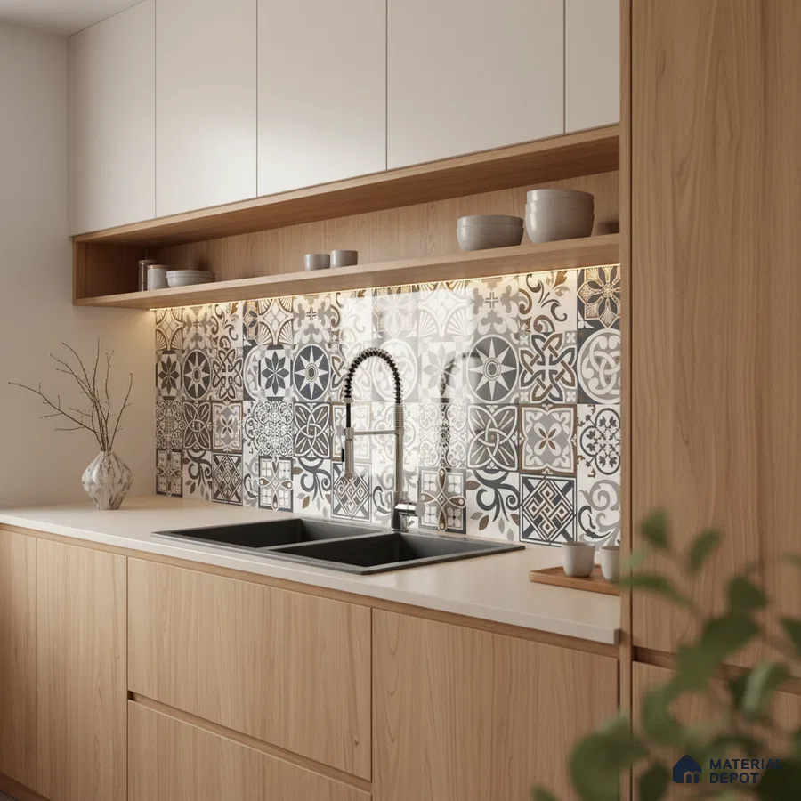 Scandinavian kitchen with light oak laminate, white solid surface countertop, and black-and-white patterned moroccan backsplash tiles in Bengaluru