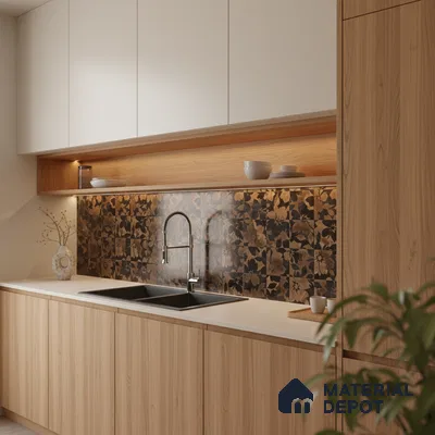 Scandinavian kitchen with light oak laminate, white solid surface countertop, and floral patterned backsplash tiles in Bengaluru