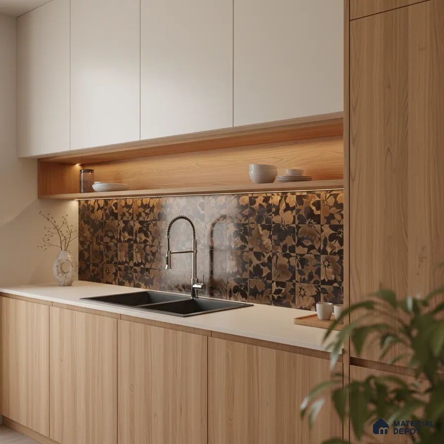 Scandinavian kitchen with light oak laminate, white solid surface countertop, and floral patterned backsplash tiles in Bengaluru