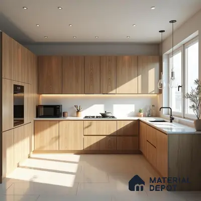 Scandinavian kitchen with light oak wood laminate cabinets and white quartz countertop in Bengaluru | Material Depot