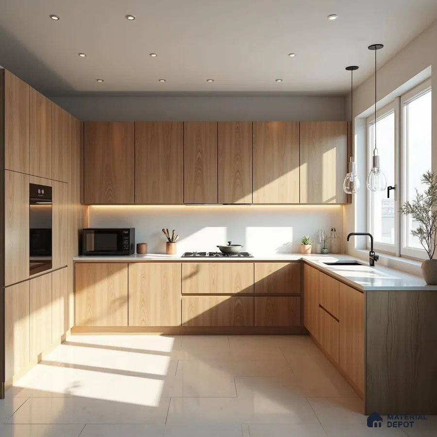 Scandinavian kitchen with light oak wood laminate cabinets and white quartz countertop in Bengaluru | Material Depot