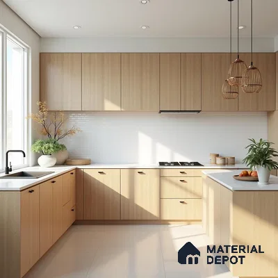 Scandinavian kitchen with light oak wood laminate cabinets and white subway tile backsplash in Bengaluru | Material Depot