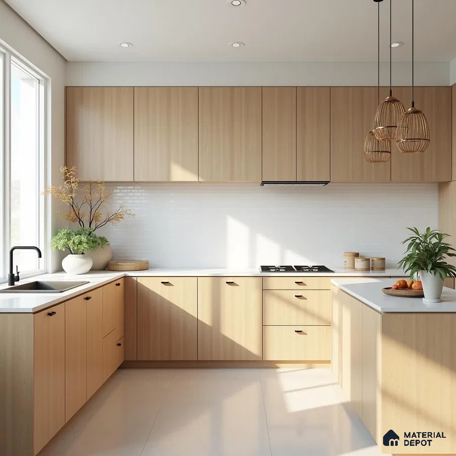 Scandinavian kitchen with light oak wood laminate cabinets and white subway tile backsplash in Bengaluru | Material Depot