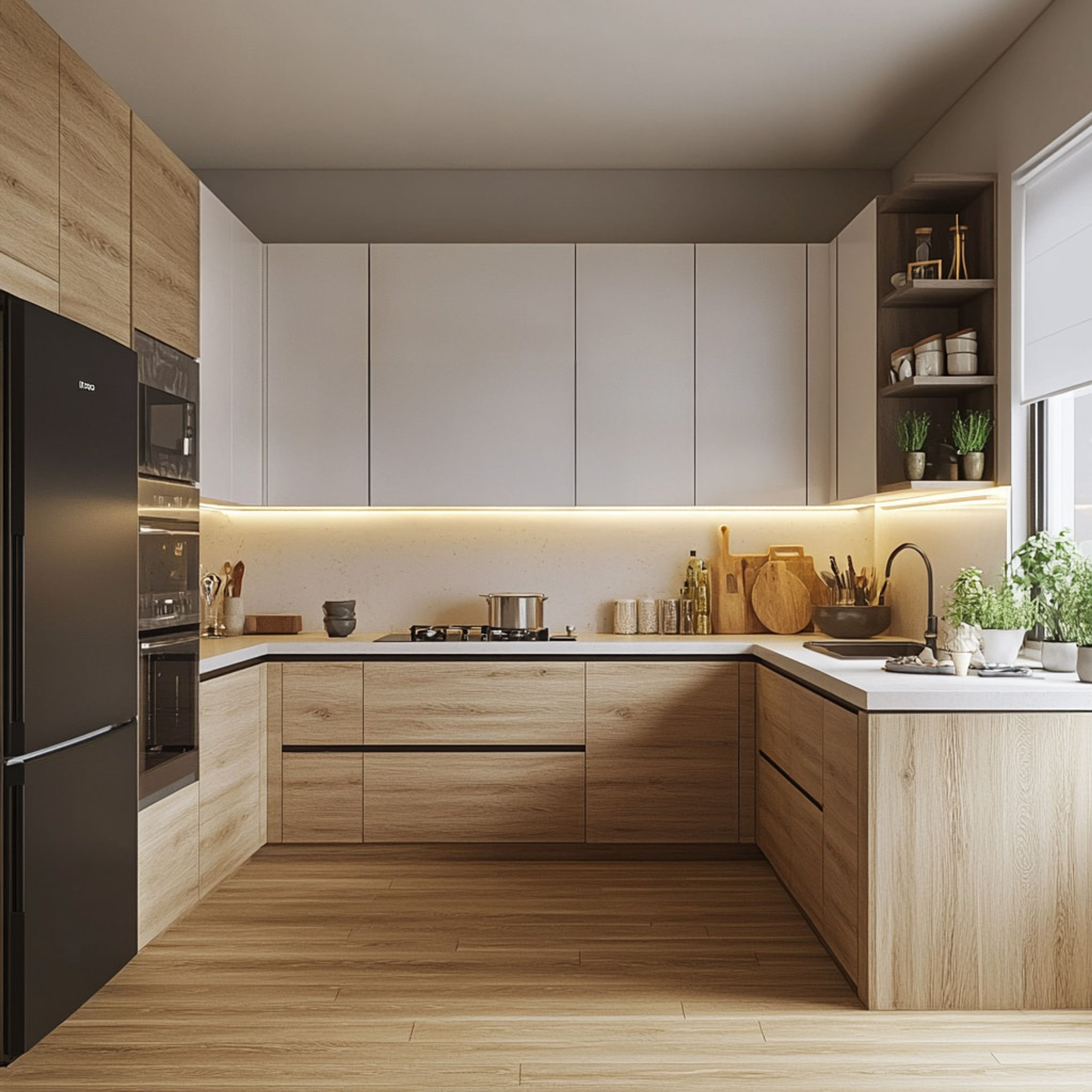 Scandinavian kitchen with light oak wood laminate, frosty white laminate, and white quartz countertop in Bengaluru | Material Depot