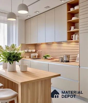Scandinavian kitchen with light wood countertop, beige matte laminate cabinets, and wood slat backsplash in Bengaluru | Material Depot