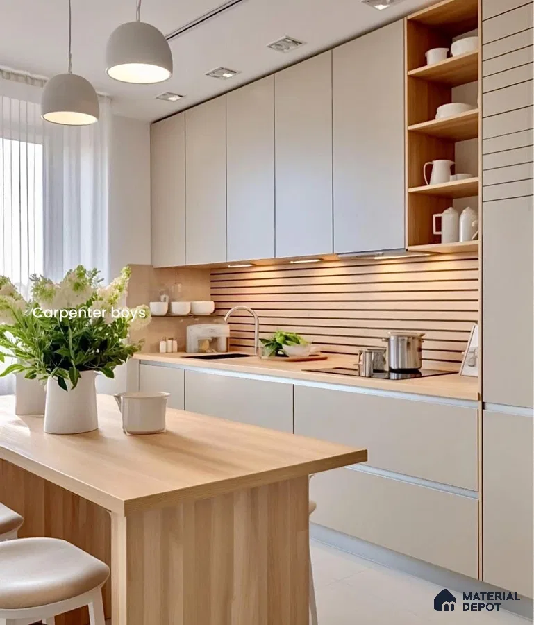 Scandinavian kitchen with light wood countertop, beige matte laminate cabinets, and wood slat backsplash in Bengaluru | Material Depot