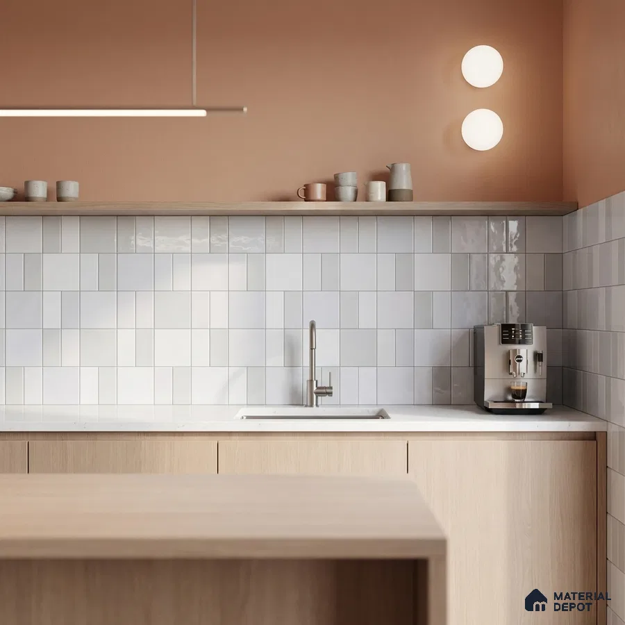 Scandinavian kitchen with light wood laminate cabinets, white subway backsplash tile, and peach wall paint