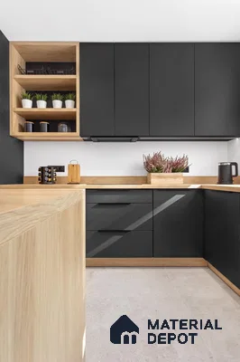 Scandinavian kitchen with matte black laminate cabinets and light oak wood laminate countertop in Bengaluru | Material Depot
